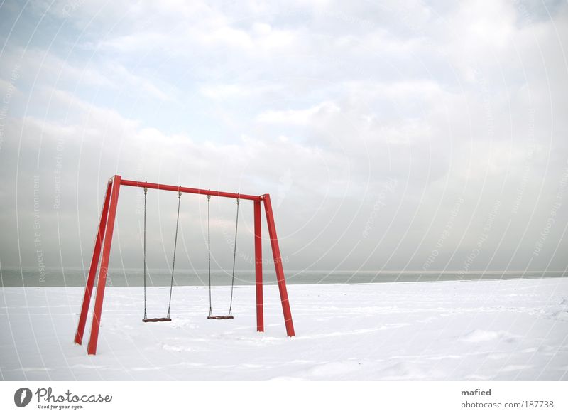 summer fun Playing Summer vacation Beach Ocean Winter Snow Sky Clouds Horizon Ice Frost Baltic Sea Gray Red White Colour photo Exterior shot Deserted