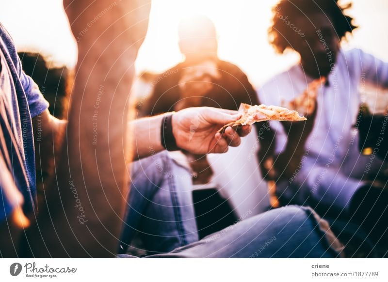 Friends eating pizza at picnic in sunset Food Eating Dinner Picnic Fast food Italian Food Lifestyle Adventure Summer Human being Friendship Youth (Young adults)