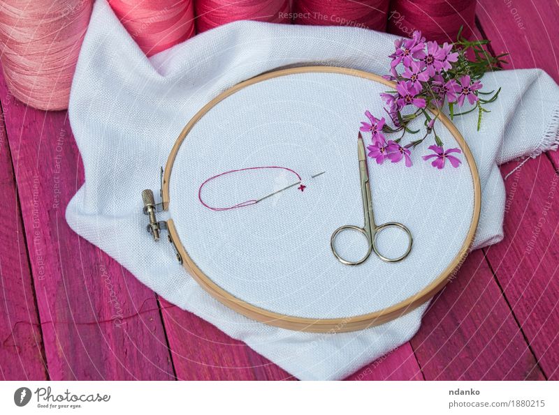 Pink thread and white fabric in the wooden embroidery frame Leisure and hobbies Handcrafts Embroidery Scissors Fashion Cloth Wood Red White To enjoy Tradition