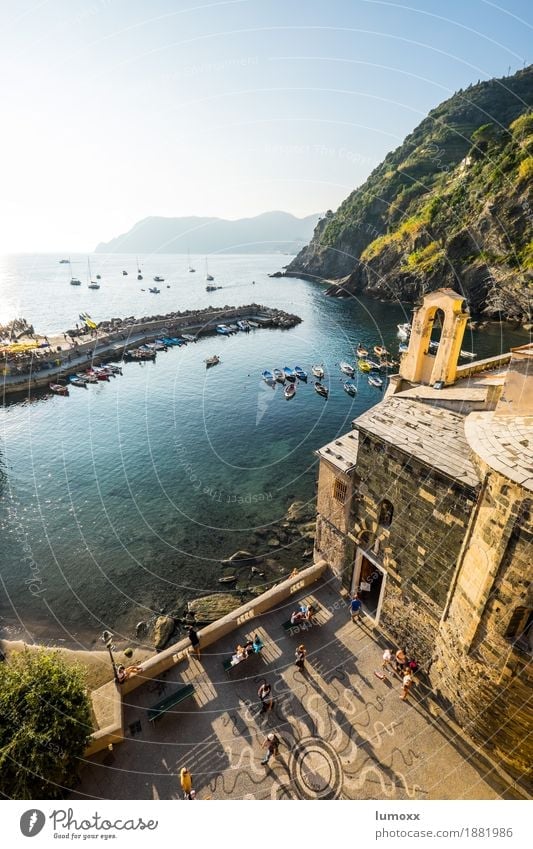 aperitivo time in vernazza Summer Coast Vernazza Italy Europe Village Fishing village Downtown Populated Facade Blue Gold Liguria Sunlight Sunset piazza