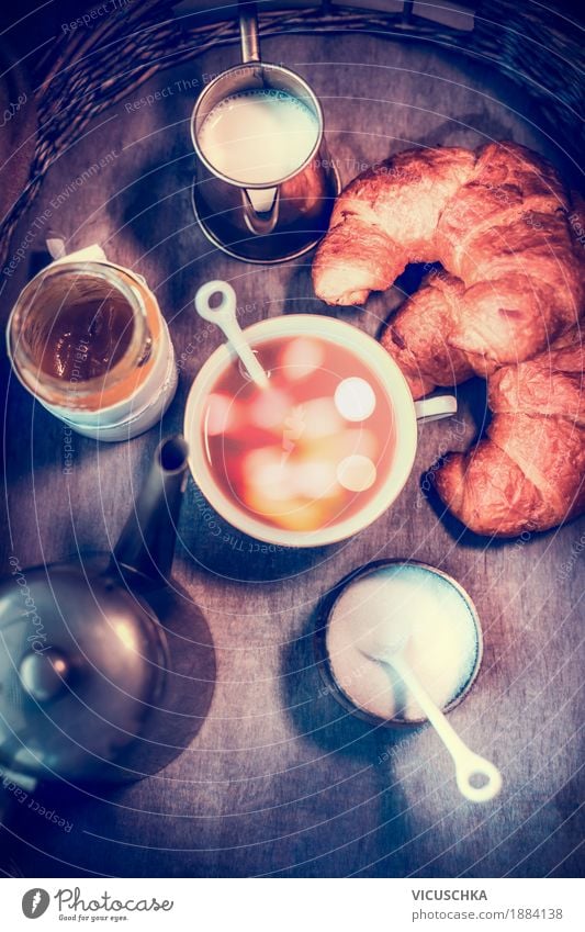 Breakfast early in the morning Dairy Products Roll Croissant Jam Nutrition Beverage Hot Chocolate Coffee Tea Crockery Cup Glass Lifestyle Style Design