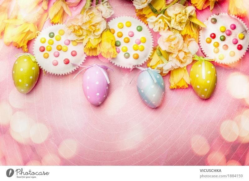 Easter in pastel colour with eggs, flowers and cake Style Design Joy Decoration Feasts & Celebrations Bouquet Tradition Easter egg Composing Egg Cake Flower