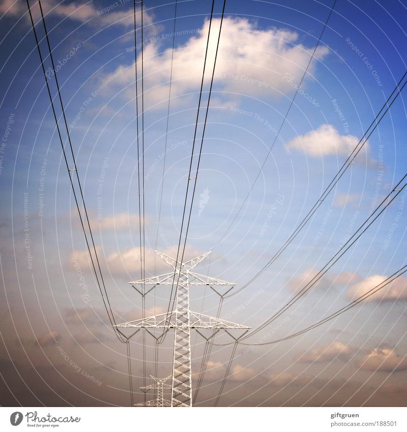 Long line Energy industry Technology Energy crisis Sky Clouds Electricity Energized Electricity pylon Electrical wire Power consumption Colour photo