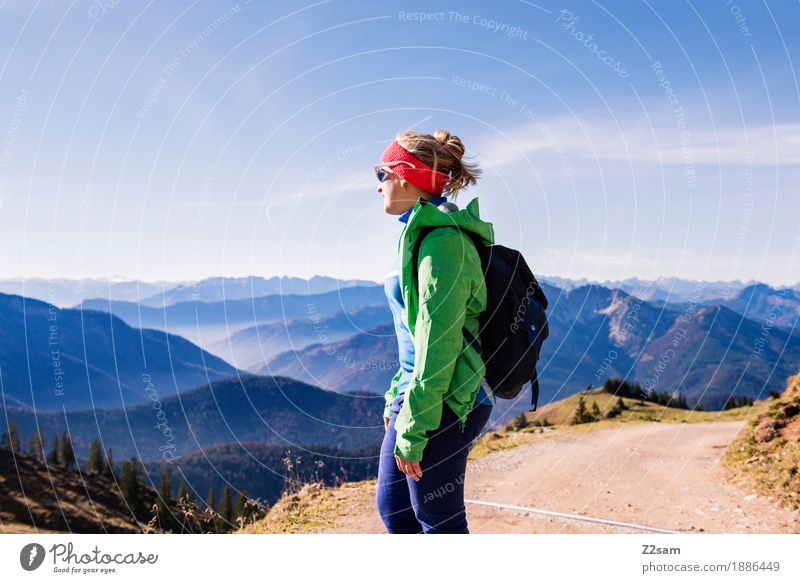 emperor's weather Lifestyle Adventure Mountain Hiking Sports Young woman Youth (Young adults) 18 - 30 years Adults Nature Sky Autumn Beautiful weather Alps Peak