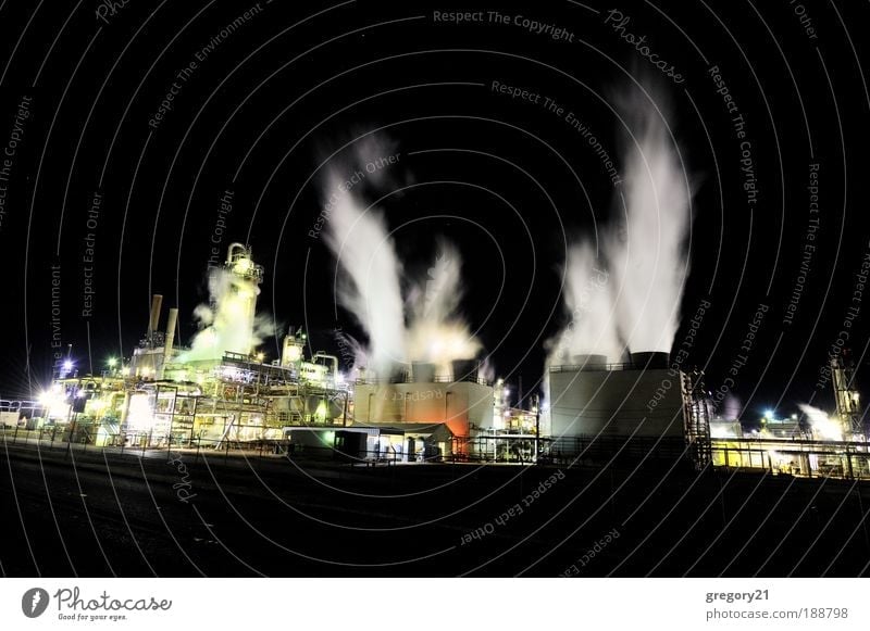 Industrial plant at night Industry Technology Environment Landscape Plant Air Sky Outskirts Factory Building Chimney Steel Oil Dark Black White Energy chemical