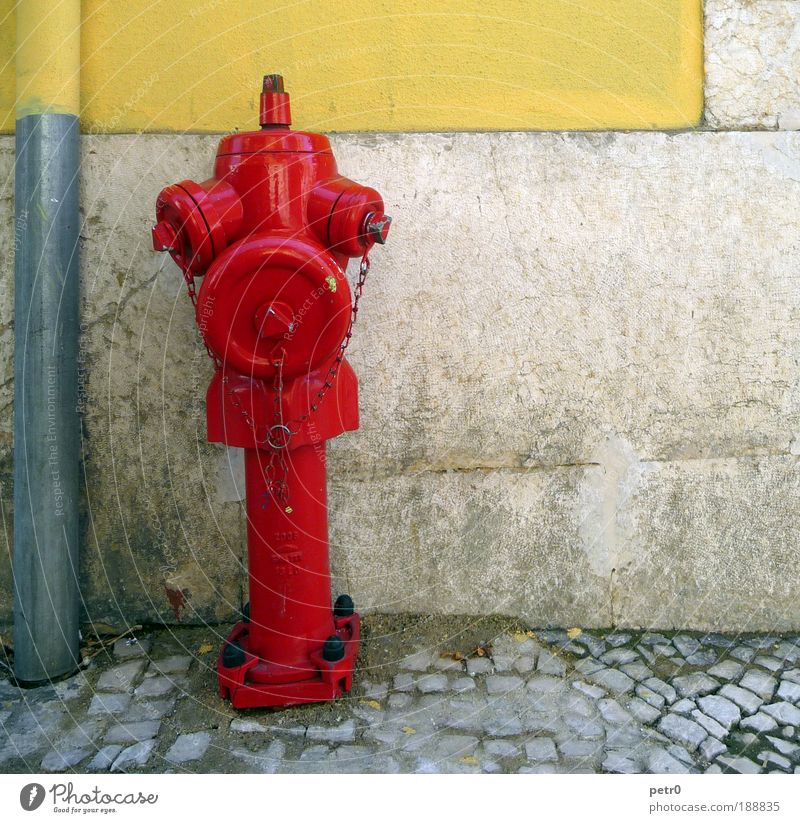 The burning red Town Port City Old town Wall (barrier) Wall (building) Street Red Safety Fire hydrant Fire department Paving stone Cobblestones Downspout Dirty