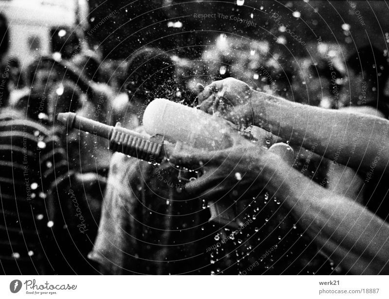 supersoaker Love Parade Party Summer Hand Human being Berlin Water Black & white photo