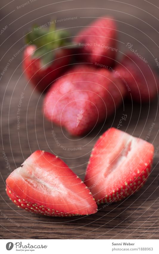strawberries Food Fruit Nutrition Organic produce Shopping Summer Plant Wood Lie Green Red Moody Fragrance Colour photo Interior shot Close-up Detail Deserted