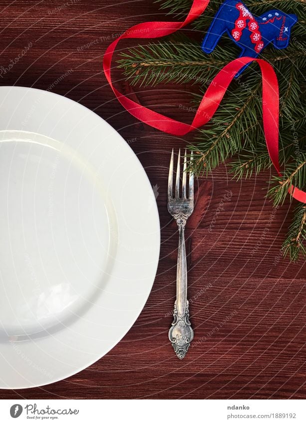 white empty plate with fork on a table Lunch Dinner Crockery Plate Fork Table Restaurant Christmas & Advent Wood Metal String Elegant Above Brown White Top Dish