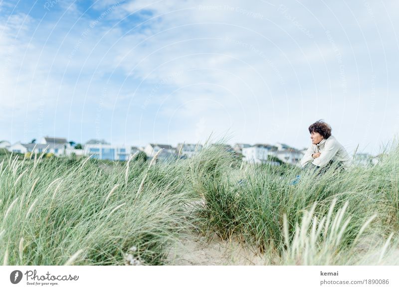 Woman sitting in the dunes looking ahead Harmonious Well-being Contentment Relaxation Calm Leisure and hobbies Vacation & Travel Freedom Summer vacation Beach