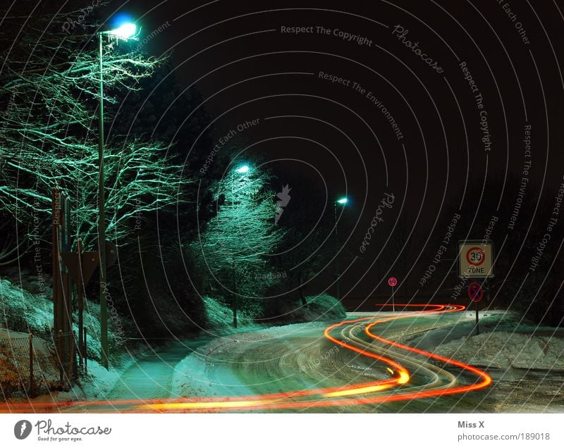 S-CURVE Night sky Winter Climate Weather Bad weather Ice Frost Snow Transport Traffic infrastructure Road traffic Motoring Street Crossroads Lanes & trails
