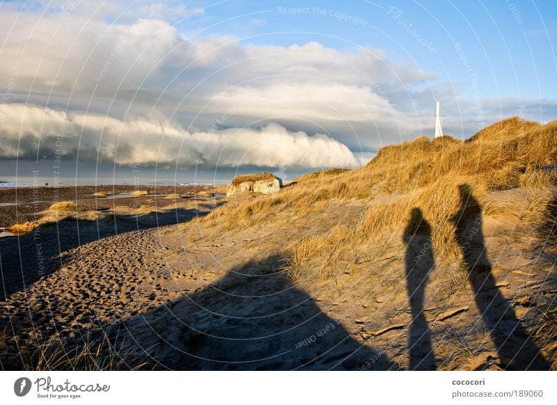 beach viewer Human being Nature Landscape Sand Clouds Winter Coast Beach North Sea Fishing village Ruin Manmade structures Concrete Far-off places Cold Blue