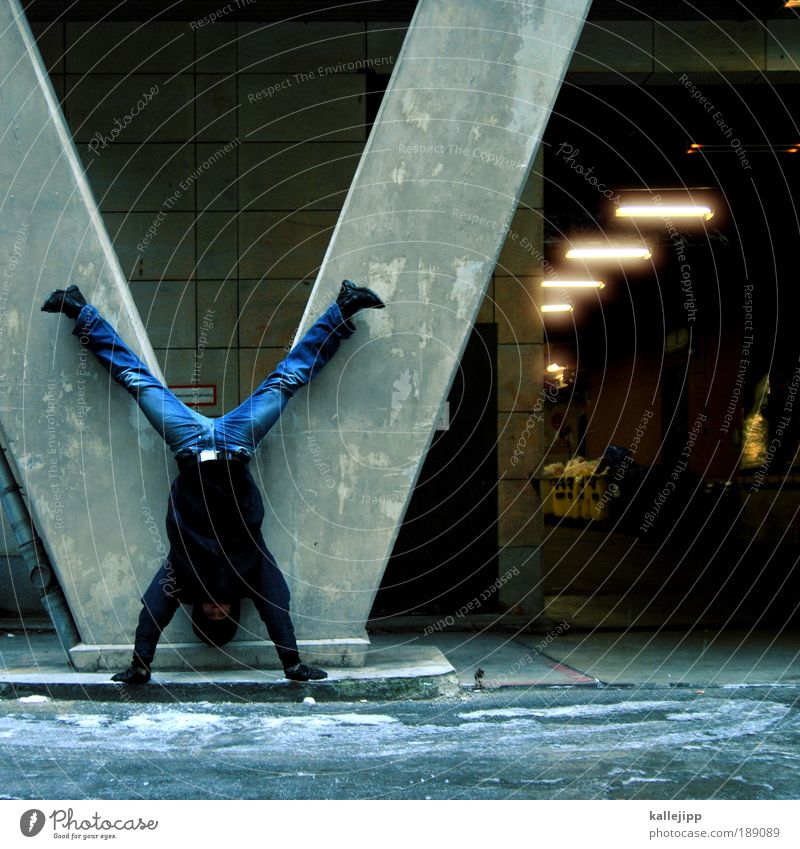 firewall Sportsperson Man Adults Tunnel Wall (barrier) Wall (building) Jeans Jacket Complex Handstand Column Entrance Guard V X-Men Gymnastics Colour photo