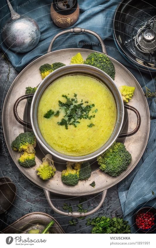 Tasteful Romanesco and broccoli soup in a saucepan Food Vegetable Soup Stew Nutrition Lunch Dinner Organic produce Vegetarian diet Diet Crockery Bowl Pot Spoon