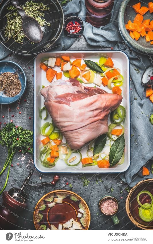 Pork knuckle roast Preparation Food Meat Vegetable Herbs and spices Cooking oil Nutrition Lunch Dinner Banquet Organic produce Crockery Plate Bowl Pot Spoon