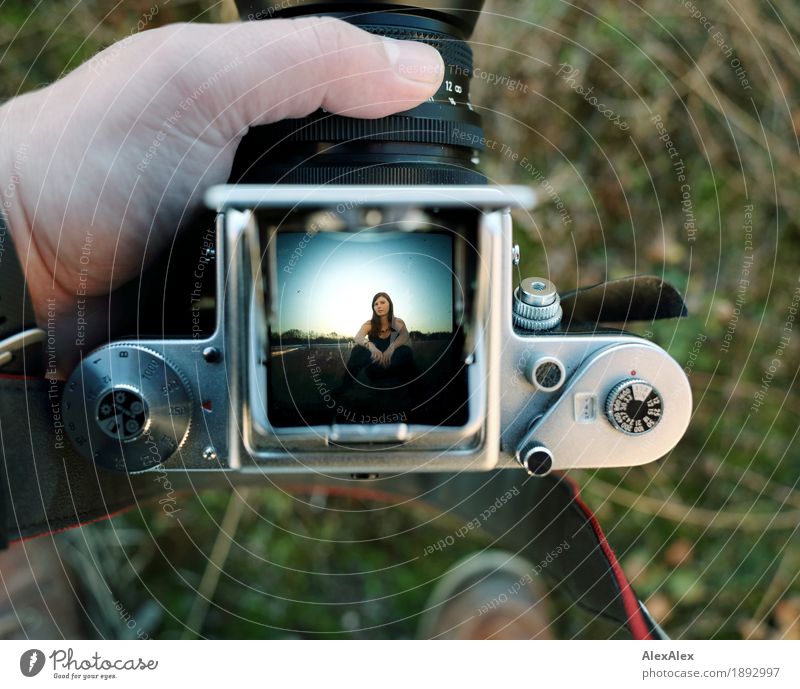 Picture in Picture Technology Portrait Style Joy Camera Lightshaft Young woman Youth (Young adults) 18 - 30 years Adults Beautiful weather Grass Garden Roof