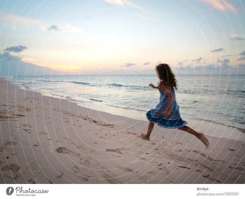 Live freedom Vacation & Travel Beach Ocean Feminine Girl 1 Human being 8 - 13 years Child Infancy Sunrise Sunset Coast Dress Brunette Long-haired Curl Running