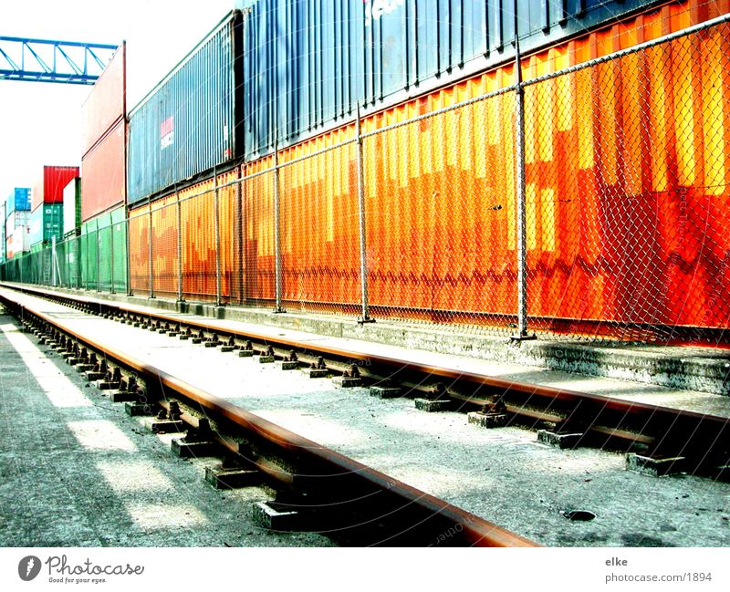 container line Logistics Railroad tracks Fence Navigation top up a bit Container Contrast ship