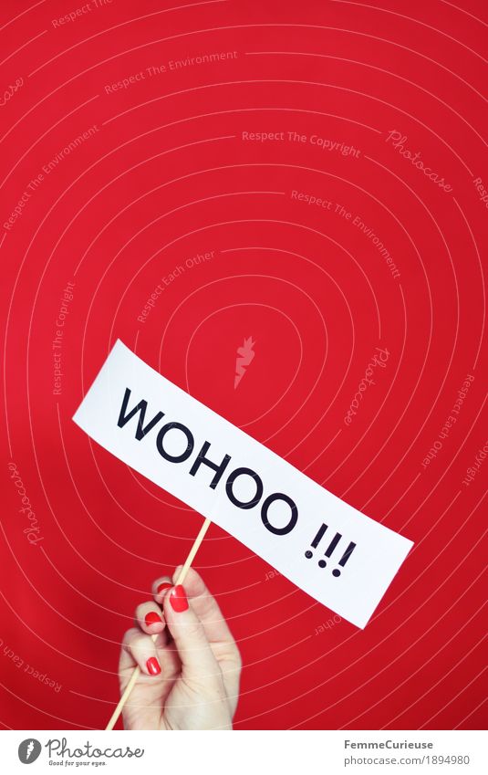 Whoo-hoo!!! Feminine Hand Joy wohoo Nail polish Fingers wooden skewer Uphold Red Characters Letters (alphabet) Great Figure of speech Happy Paper Colour photo