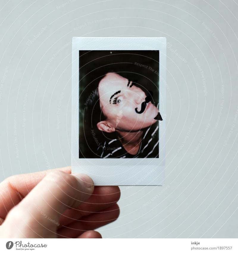 be out of the ordinary Lifestyle Joy Leisure and hobbies Woman Adults Face Hand 1 Human being 30 - 45 years Facial hair Moustache with a goatee beard Polaroid