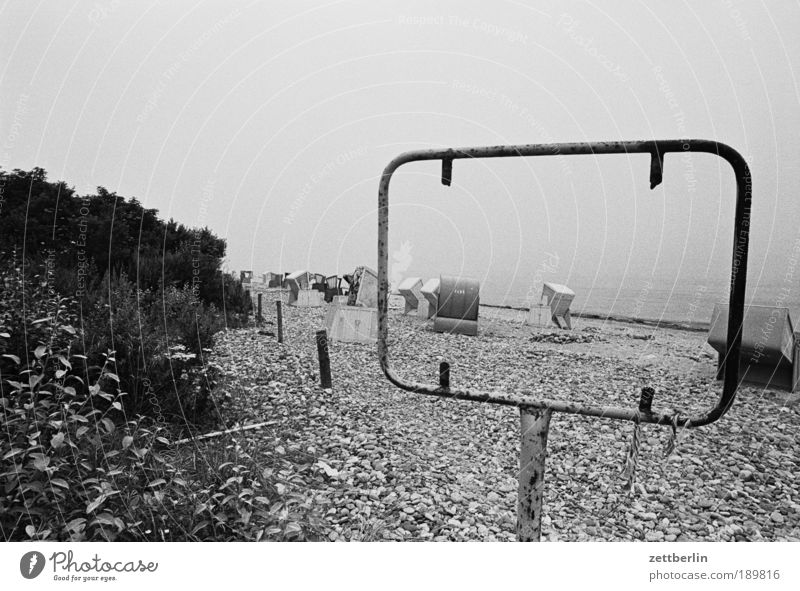 Kühlungsborn, 1987 Beach Sand Beach chair Off-Season Vacation & Travel Ocean Baltic Sea Fog Dreary Evening Twilight Signs and labeling Frame Beach dune Dune