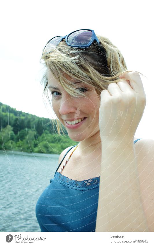 buzzer time Woman Human being Summer Lake Vacation & Travel Laughter Smiling Joy Hair and hairstyles stop Looking into the camera Sunglasses Blue Water River