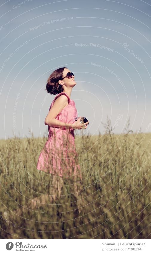 salvation Joy Happy Healthy Life Feminine Young woman Youth (Young adults) 1 Human being Sky Spring Summer Dress Sunglasses Brunette Camera Walking Dream