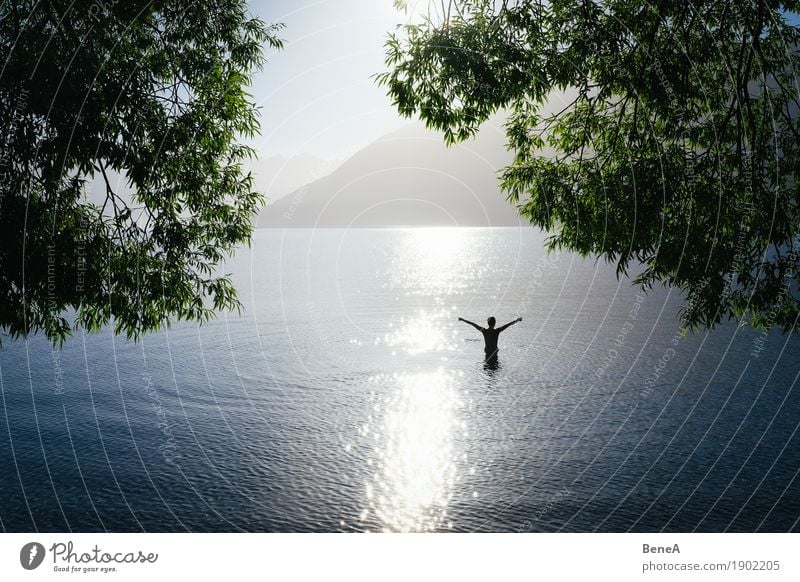Person in a lake in backlight stretches arms into the air Joy Relaxation Adventure Far-off places Freedom Expedition Camping Summer Summer vacation Sun