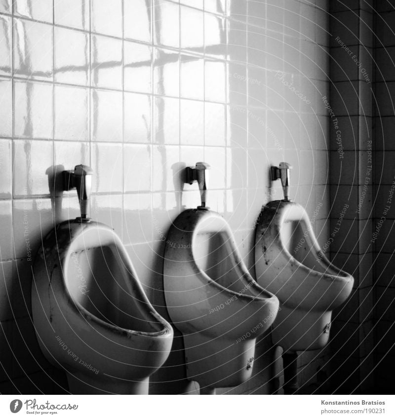 Toi Toi Toi Industrial plant Factory Toilet Urinal Old Dirty Dark Tile 3 Seam Line Corner Flush Black & white photo Interior shot Copy Space top Light Shadow