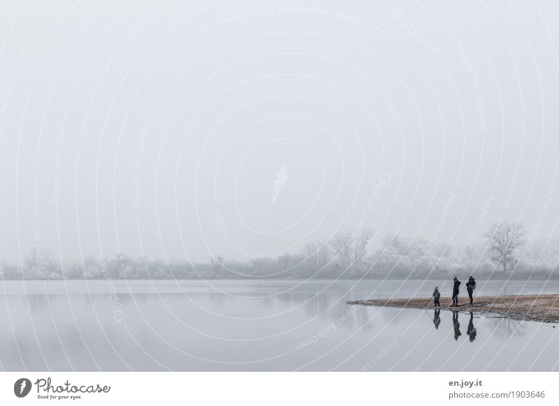 Three Winter Child Boy (child) Parents Adults Mother Father Family & Relations 3 Human being Nature Landscape Sky Horizon Fog Ice Frost Lakeside Stand Cold