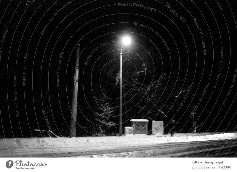 Well, good night then. Winter Snow Outskirts Deserted Pedestrian Street Illuminate Funny Black White Calm Inspiration Cold Lantern Lamp post Transformer Smiley