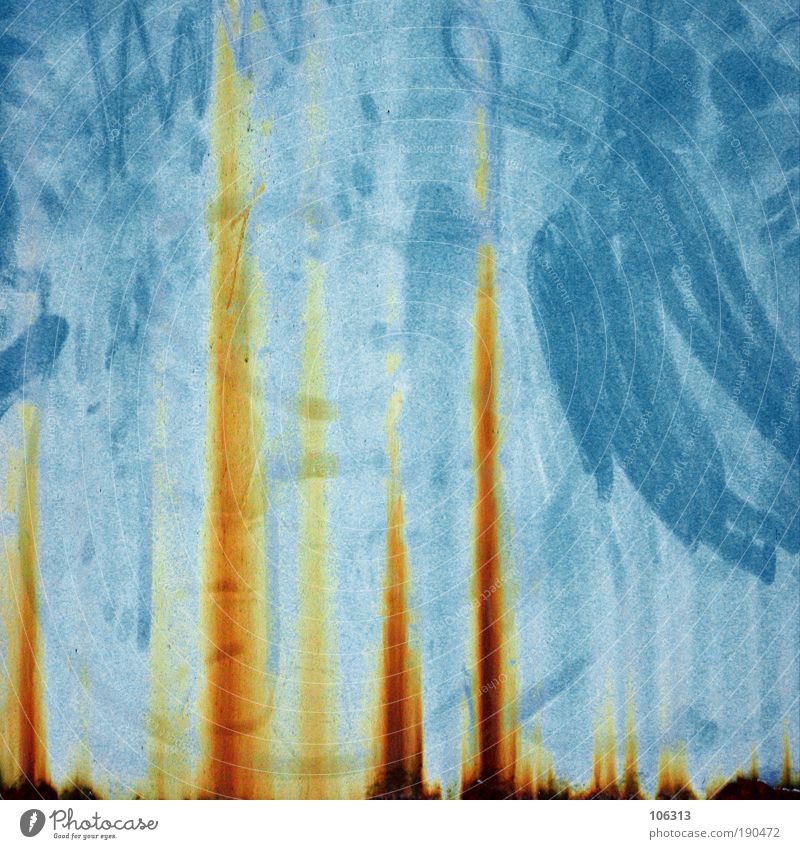 Photo number 146490 Industrial plant Factory Old Fluid Hideous Trashy Rust Stainless Anticorrosion paint Blue Yellow Flow Tone Abstract Graphic Progress