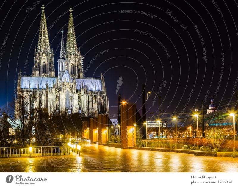 Cologne Cathedral at night Germany Europe Town Port City Downtown Old town Skyline Populated Church Dome Facade Tourist Attraction Landmark Monument