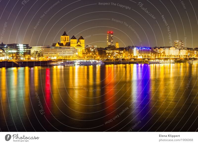 Rhine bank in Cologne at night Landscape Winter River bank Germany Europe Town Port City Downtown Skyline Populated House (Residential Structure) Church Harbour