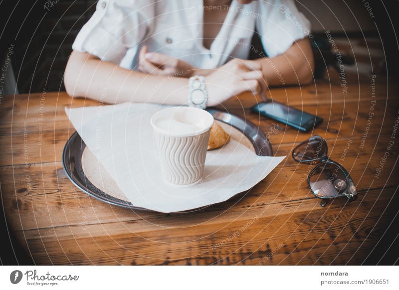 coffee time Lunch To have a coffee Beverage Coffee Plate Mug Lifestyle Shopping Select Business Telephone Sunglasses Café Disposable bottle Colour photo