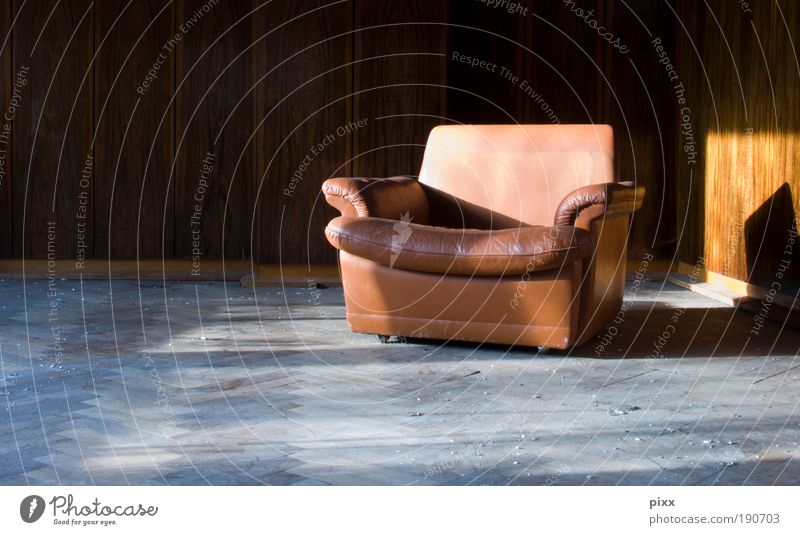Place in the sun Style Furniture Armchair Lounge Retirement Closing time Wood Leather Old Dream Esthetic Dirty Retro Gloomy Brown Safety (feeling of) Calm