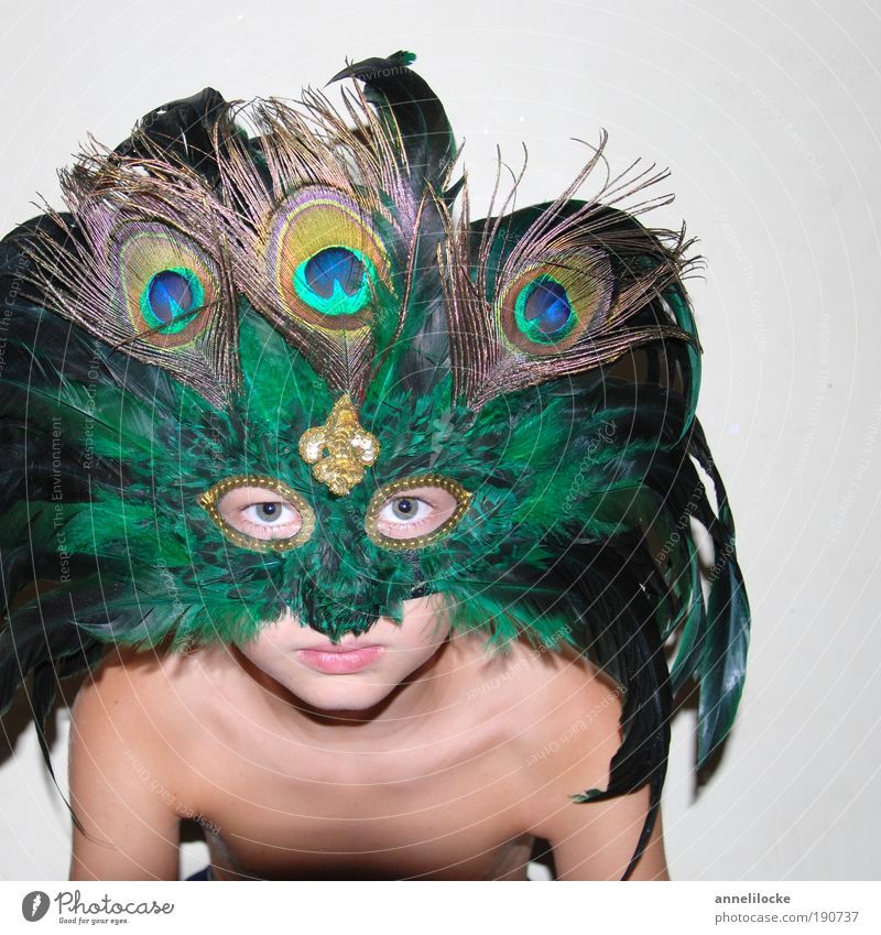 buhhh! .. Playing Carnival Human being Masculine Child Infancy Skin Head Eyes 3 - 8 years 8 - 13 years Accessory Masked ball Peacock feather Green