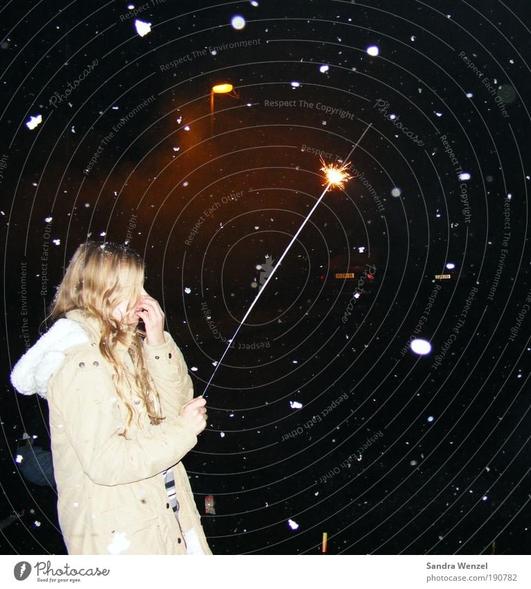 make a wish... Happy Night life New Year's Eve 1 Human being Night sky Winter Snowfall Coat Blonde Long-haired Curl Optimism Hope Belief Colour photo