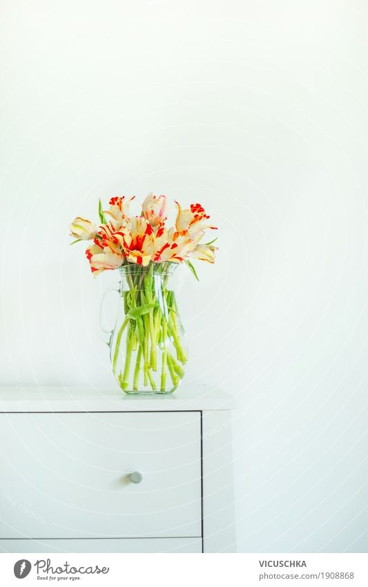 Vase with tulips on white table Lifestyle Style Design Living or residing Flat (apartment) Interior design Decoration Table Living room Valentine's Day
