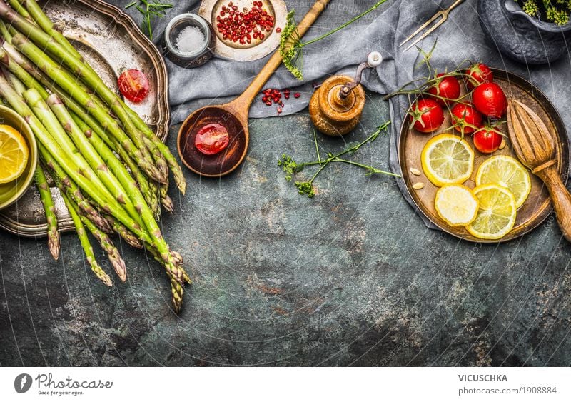 Tasty asparagus on an old kitchen table Food Vegetable Lettuce Salad Herbs and spices Cooking oil Nutrition Organic produce Vegetarian diet Diet Crockery Bowl
