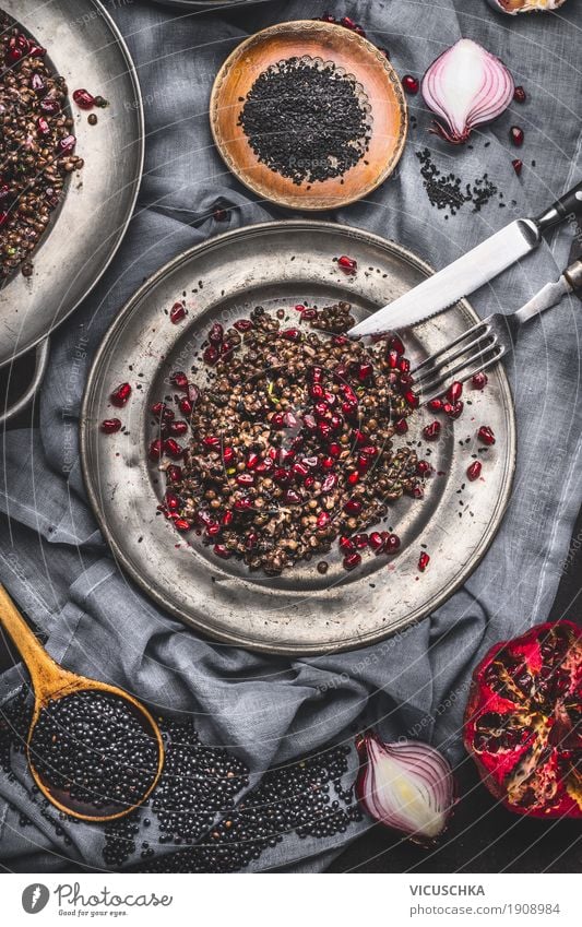 Healthy Black Beluga lentil salad with pomegranate Fruit Grain Herbs and spices Cooking oil Nutrition Lunch Buffet Brunch Organic produce Vegetarian diet Diet