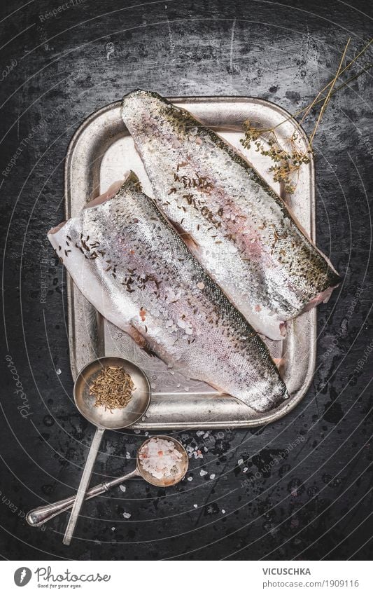 Trout fish fillet with fennel seeds and salt Food Fish Herbs and spices Nutrition Dinner Organic produce Vegetarian diet Diet Crockery Spoon Style Design