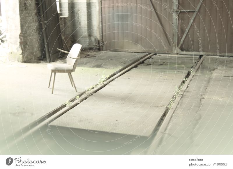 fading seating opportunity in decaying building ... Logistics Unemployment Retirement Gate Building Rail transport Stone Metal Steel Decline Past Transience