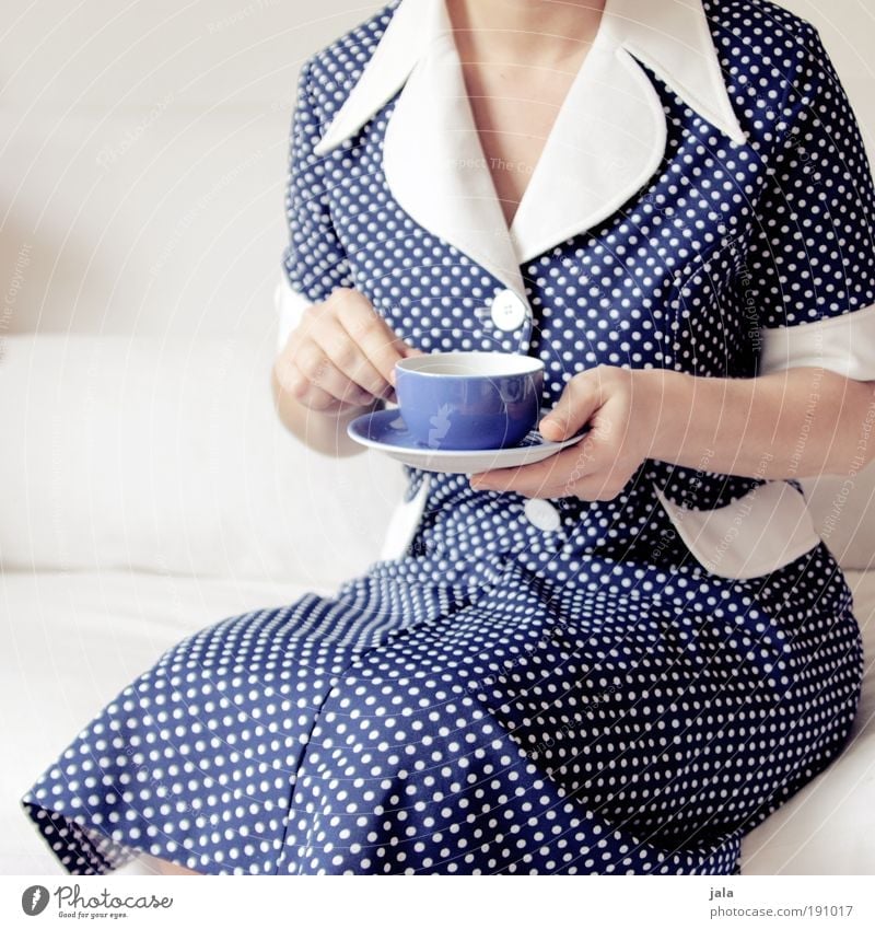 coffee addict Beverage Drinking Hot drink Hot Chocolate Coffee Tea Plate Cup Feminine Woman Adults Dress Blue Point Time To enjoy Delicious Calm Retro Former