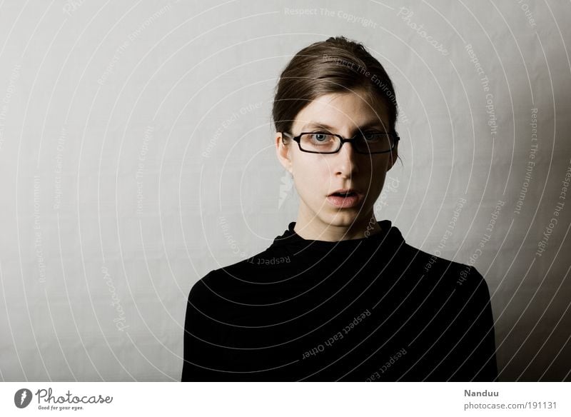 oops Human being Feminine Woman Adults 1 Nerdy Person wearing glasses Petit bourgeois Surprise Gray Clerk Colour photo Subdued colour Studio shot