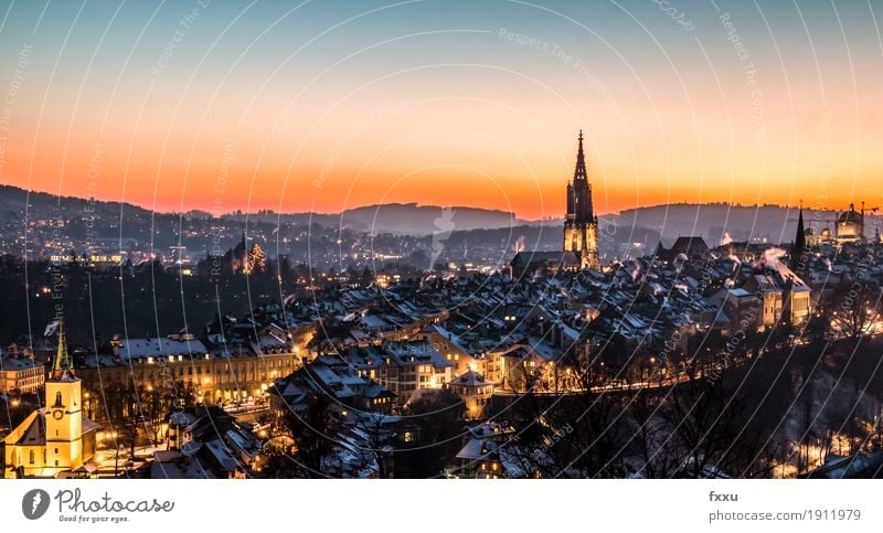 Bern old town at night Berne Switzerland Europe Town Capital city Downtown Old town Multicoloured Colour photo Exterior shot Deserted Copy Space top Dawn
