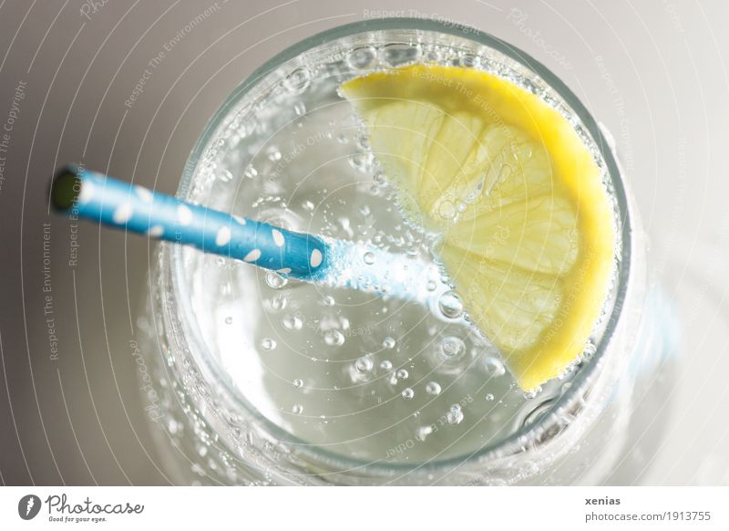 Glass with mineral water, slice of lemon and blue straw Drinking water Mineral water Lemon Slice of lemon Beverage Straw Healthy Life Water Blue Yellow Gray