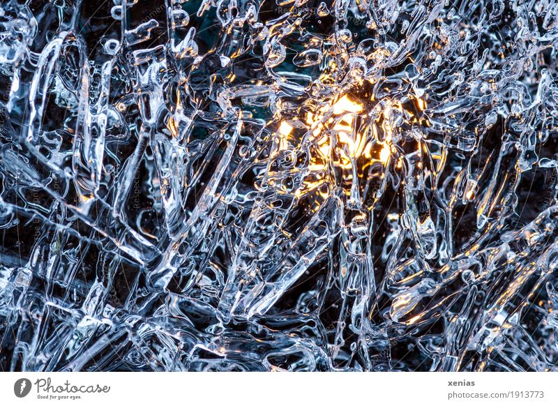 Frozen, yellow light behind ice plate Ice Sun Winter Frost Water Freeze Cold Blue Yellow White Light Air bubble Lighting Exterior shot Detail Snow Ice crystal