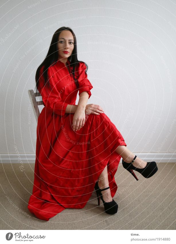 nastya Chair Room Feminine Woman Adults 1 Human being Dress High heels Black-haired Long-haired Observe Looking Sit Wait Beautiful Self-confident Willpower