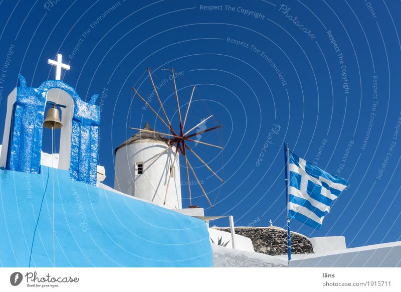 Greek color theory Vacation & Travel Tourism Trip Summer Living or residing House (Residential Structure) Sky Cloudless sky Fira Small Town Church Windmill